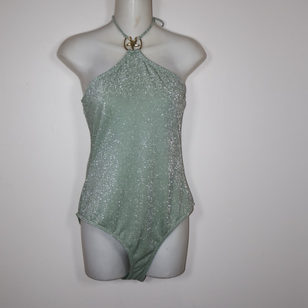 South‎ Beach Swimsuit Size 12 Green Sparkly Halter One-Piece Starfish